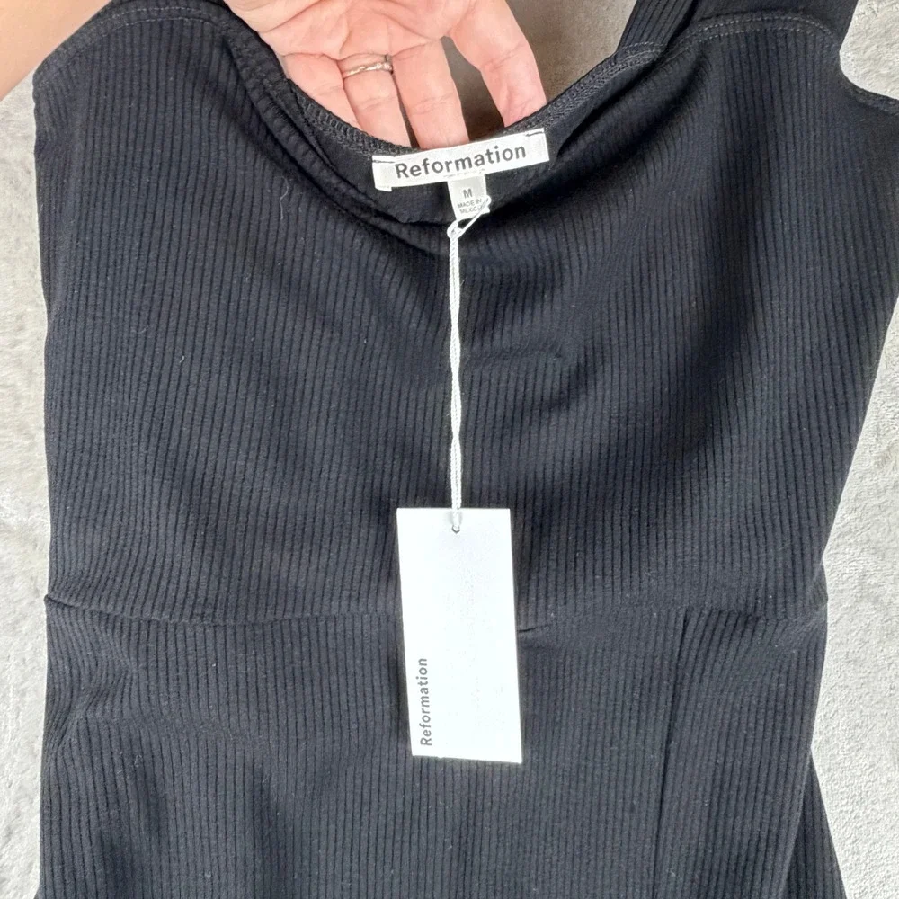 Reformation Black Cassi Ribbed Knit Square‎ Neck Midi Dress Side Slit Womens